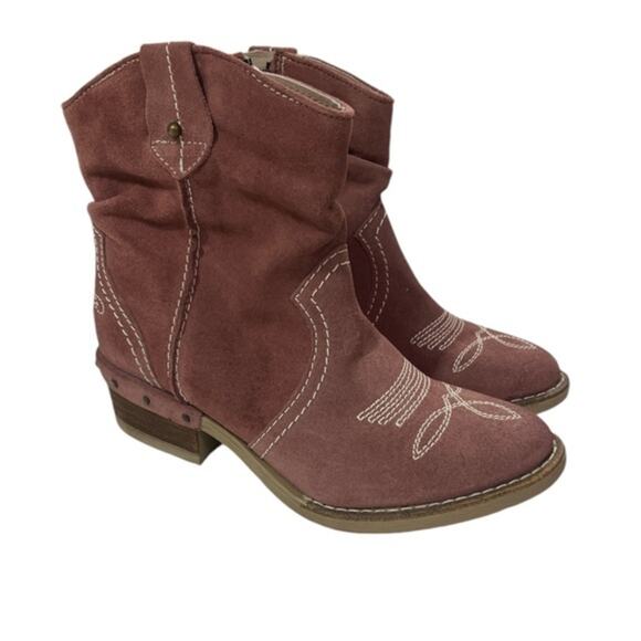 Sundance Suede Pink Western Slouchy Embroidered Leather Cowboy Ankle Boots 6.5 - Picture 1 of 12